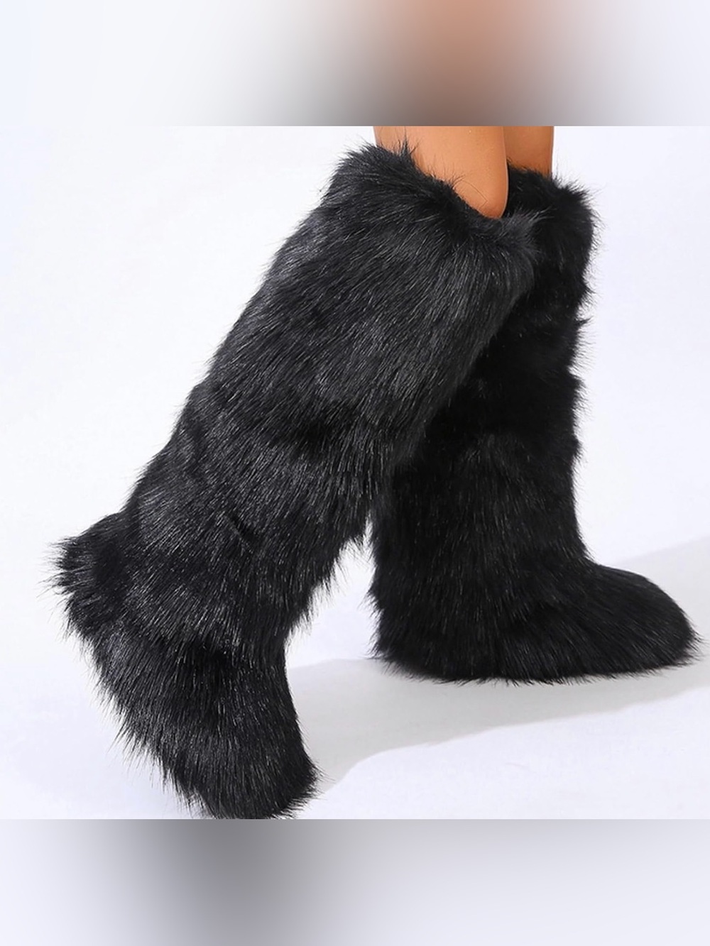 New Black Faux Fur Knee High Boots
